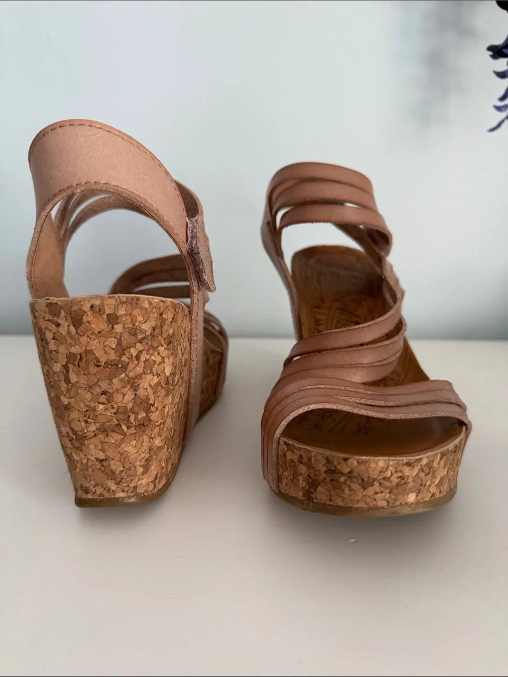 Cork Wedge Strappy Sandals in Rose Tan